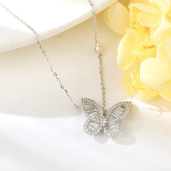 Picture of Butterfly Platinum Plated Pendant Necklace with Fast Shipping